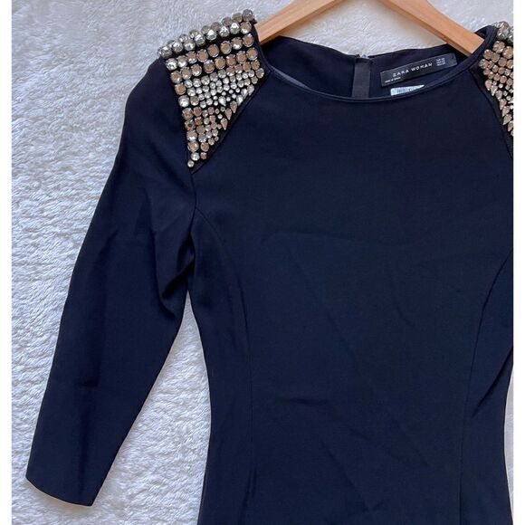 Zara Woman Black 3/4 Sleeve Embellished Rhinestone Shoulder LBD Cocktail Dress - Picture 5 of 16